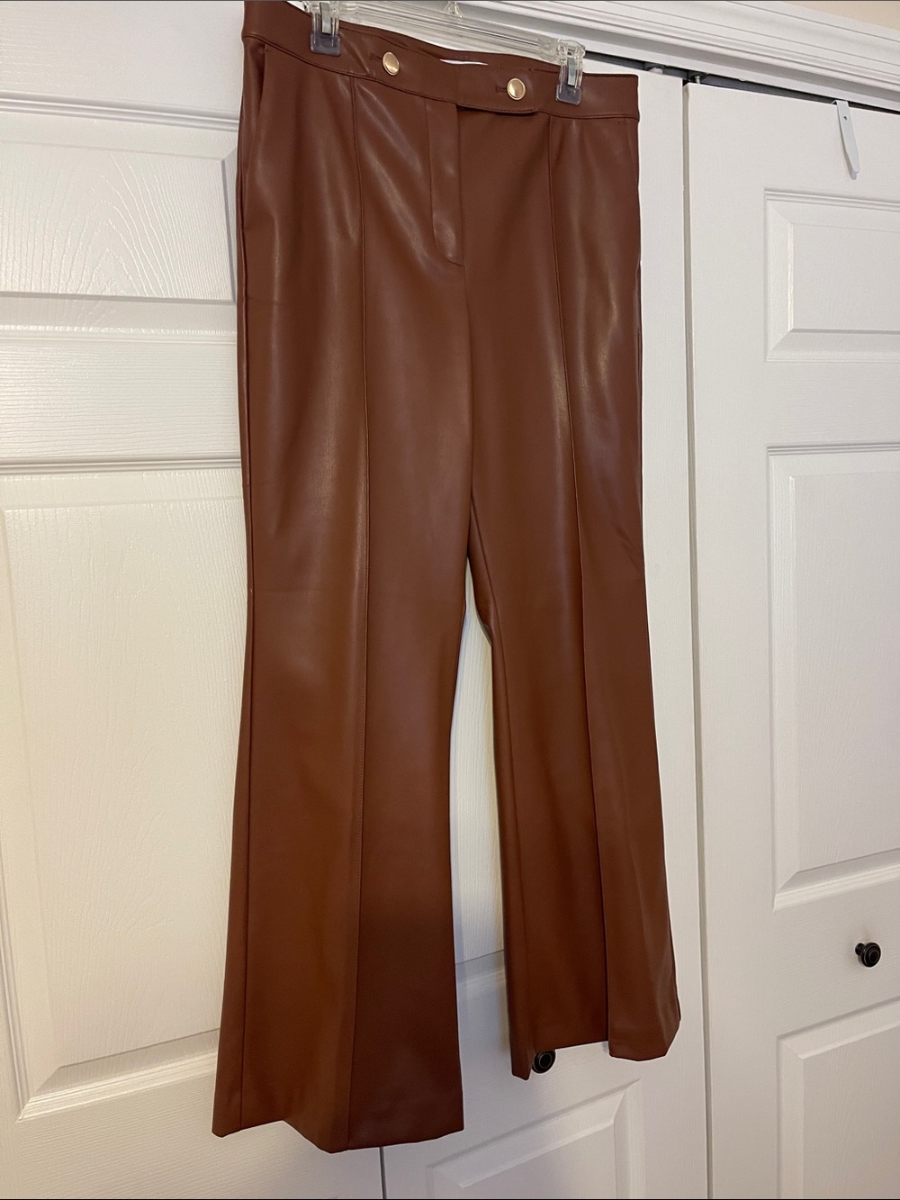 LOFT Brown Faux Leather Flared Pants with Gold Buttons